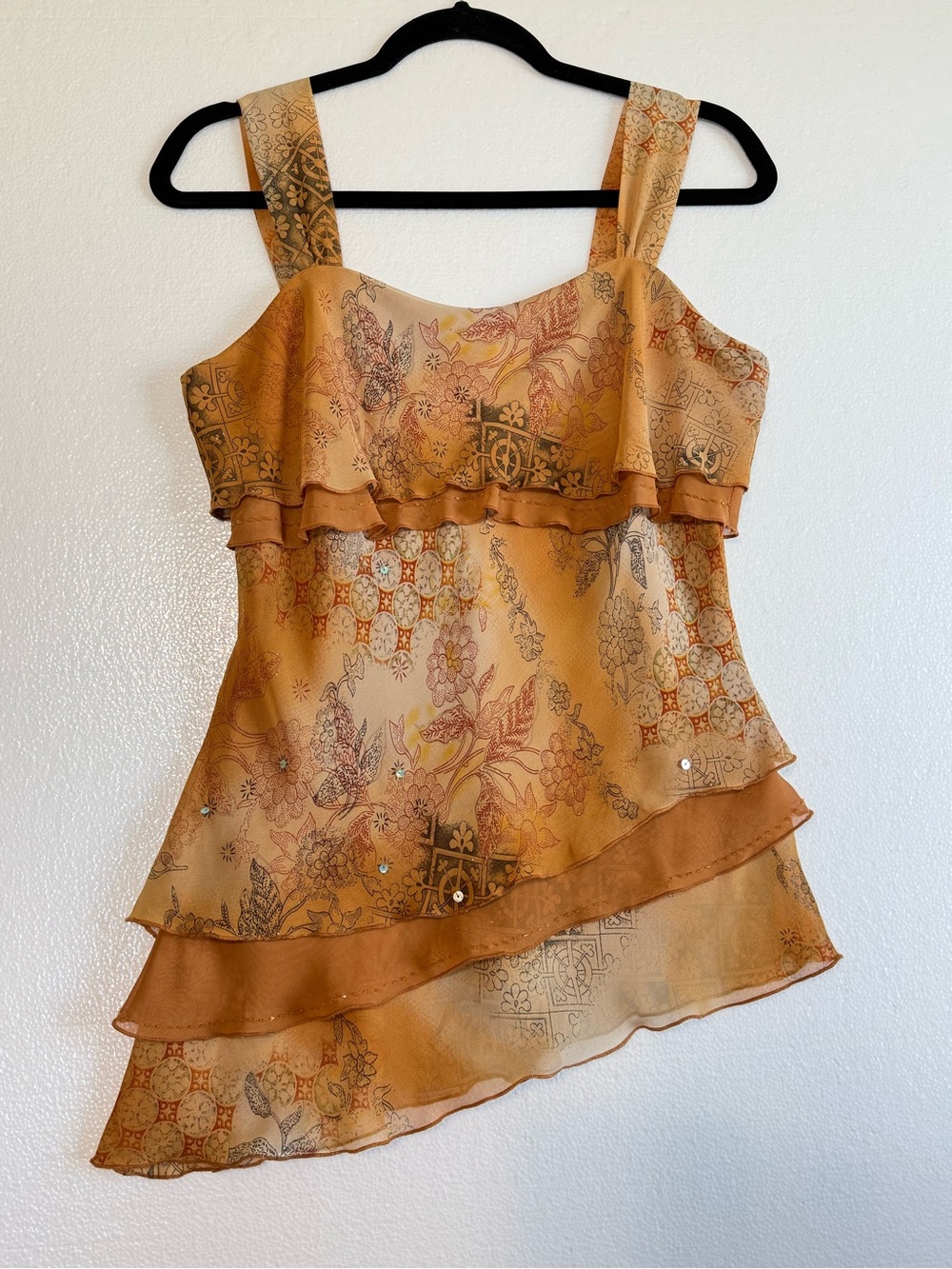 Vintage Y2K Tiered Asymmetrical Tank Cami Floral Ruffle Fairy Grunge Size M